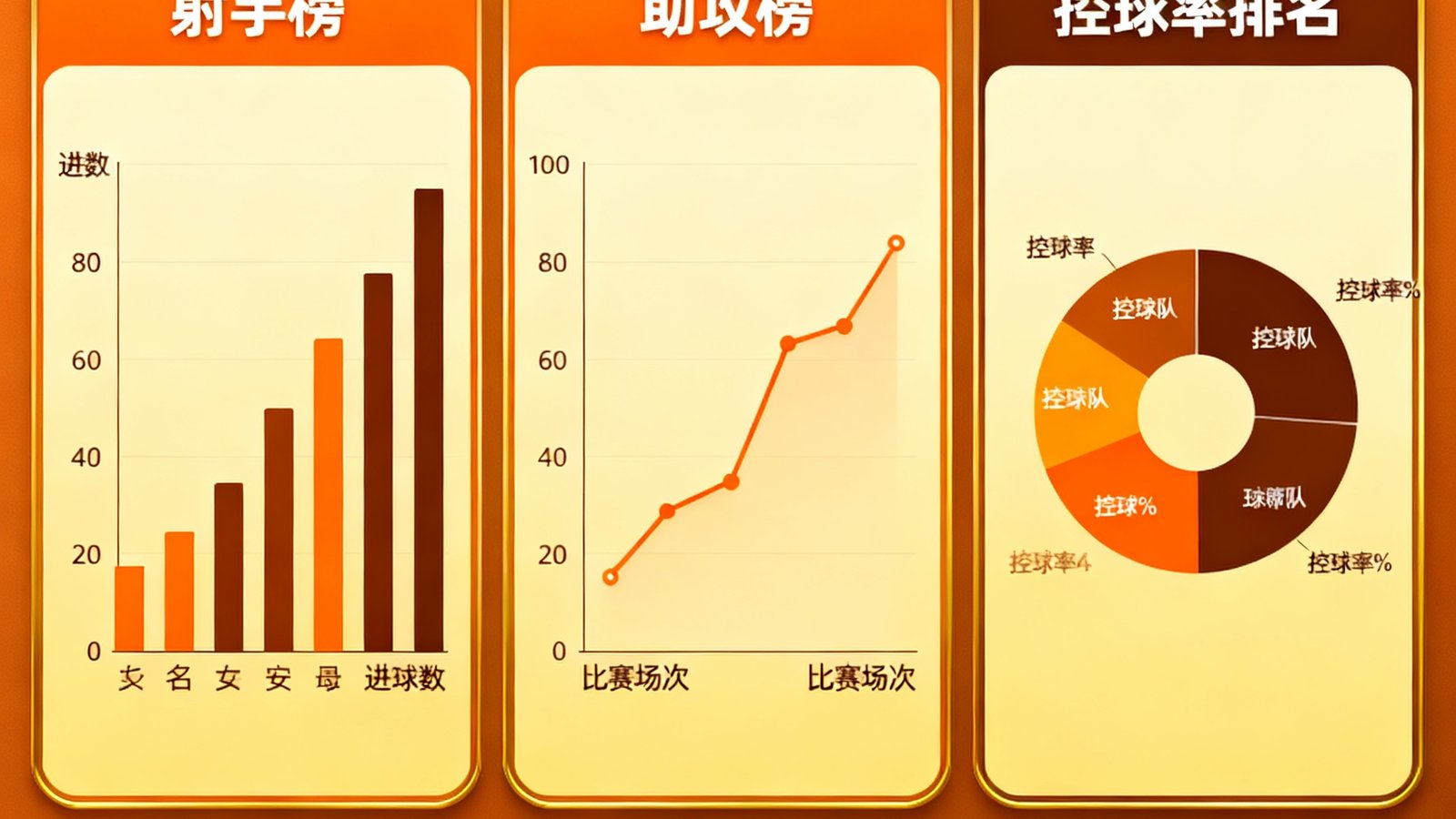 世界杯数据统计仪表盘界面展示，包含射手榜、助攻榜、控球率排名等多维度数据可视化图表，采用暖色系配色，卡片式布局清晰呈现各项指标排名